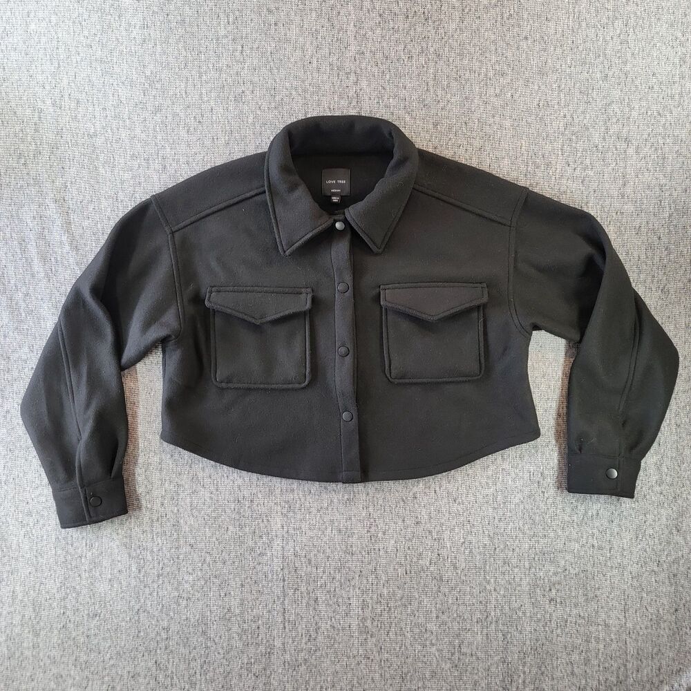 Love Tree Women's Black Cropped Shacket Felt Snap Jacket Size Medium M